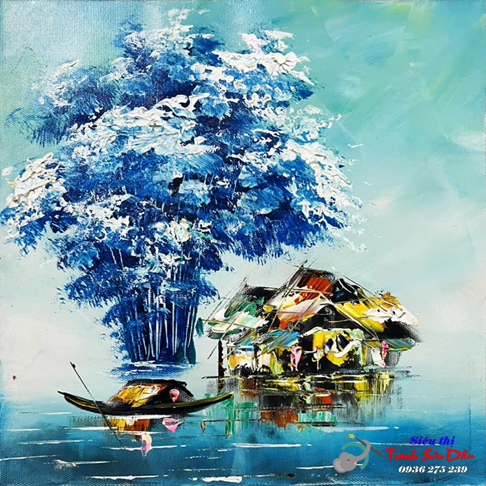 Tranh Sơn Dầu Bình Yên Bên Sông Vải Bố Khung Composite Cao Cấp