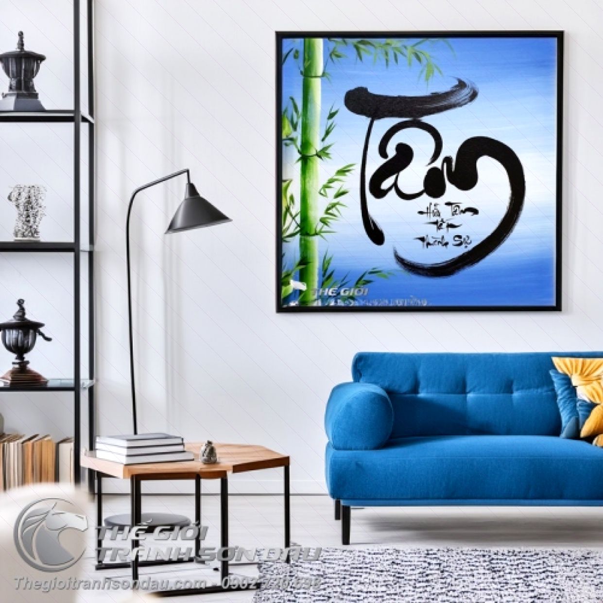 Tranh Thư Pháp Chữ Tâm Nền Xanh Trang Trí Nội Thất Quà Tặng Ý Nghĩa 