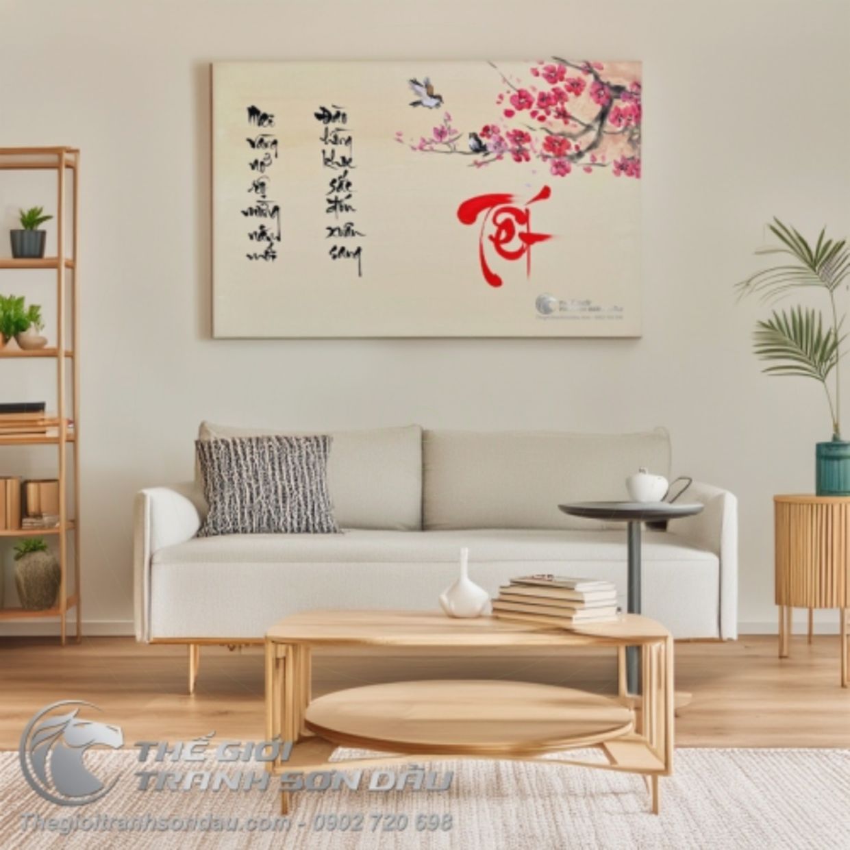 Tranh sơn dầu nghệ thuật Tết tươi sắc trang trí nhà sang 