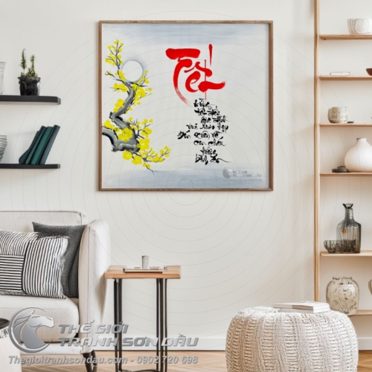 Tranh Thư Pháp Tết Mai Vàng Sang Trọng Trang Trí Xuân 