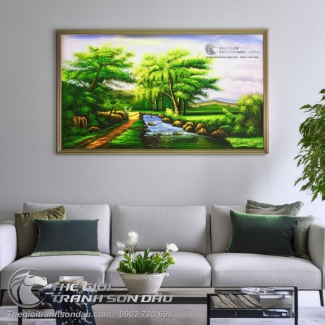 Tranh Sơn Dầu Phong Cảnh Rừng Cây Sông Nước Đẹp Trang Trí Phòng Khách 