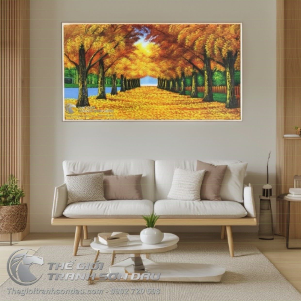 Tranh Sơn Dầu Hai Hàng Cây Mùa Thu Lá Vàng 60x120 Đẹp 