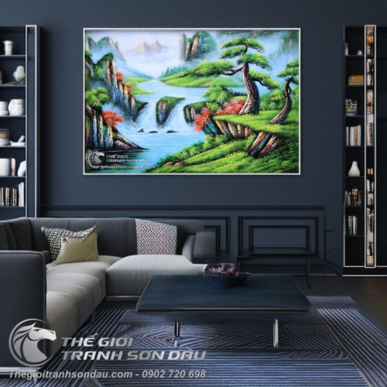 Tranh Sơn Thủy Cây Tùng Tươi Sống Dòng Suối 60x90 Sơn Dầu Đa Sắc 
