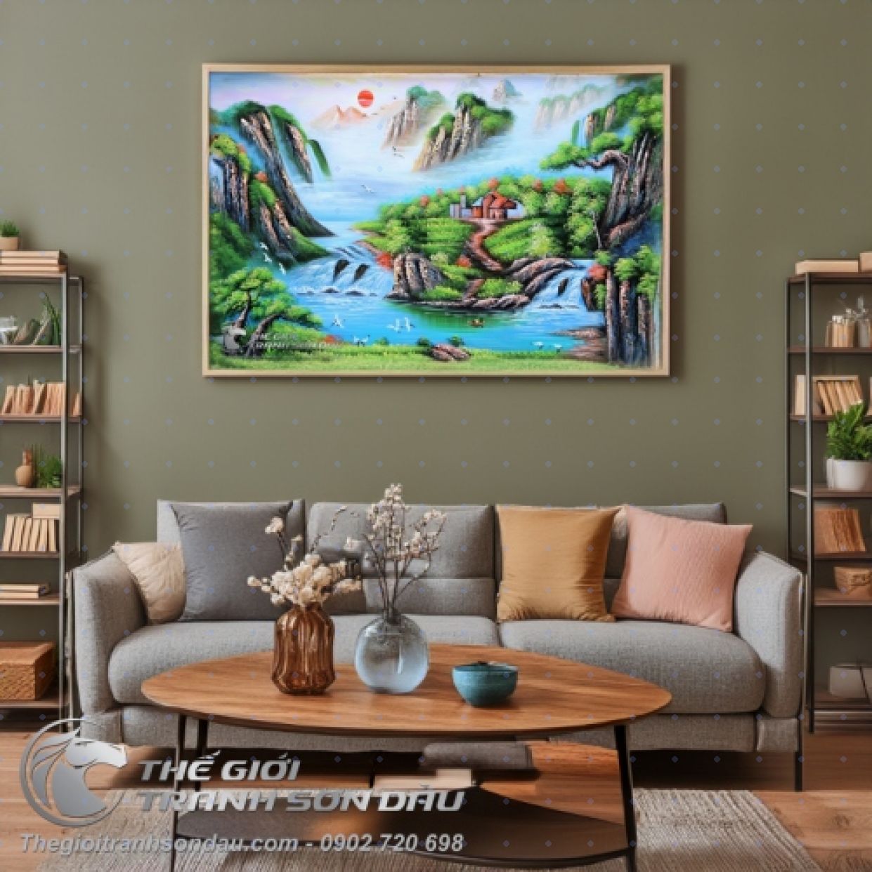 Tranh Sơn Thủy Ánh Nắng Mặt Trời 60x90 Khung Sang Trọng 