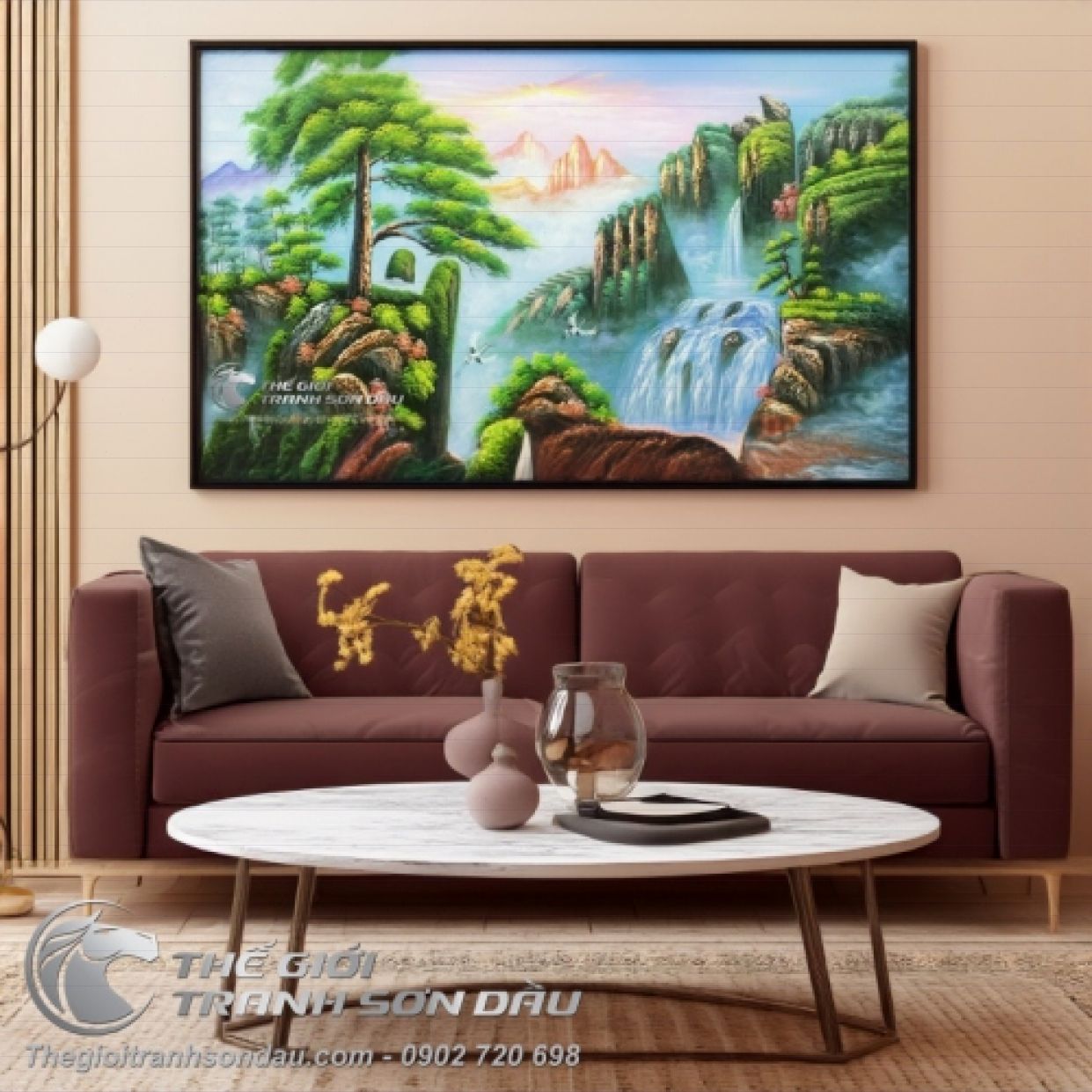 Tranh Sơn Dầu Cây Tùng Núi Sông Ấn Tượng Kích Thước Đa Dạng 