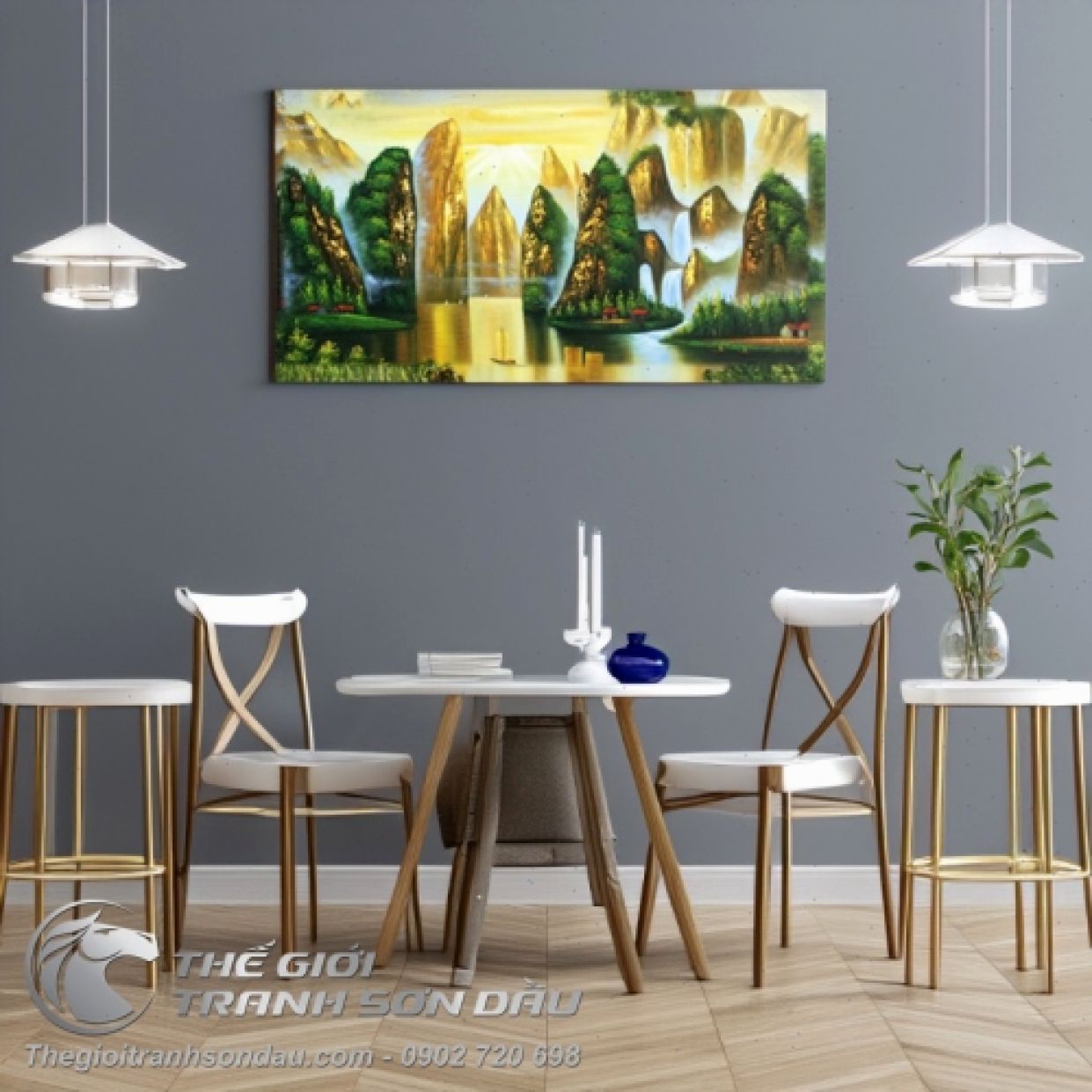 Tranh Sơn Thủy Núi Vàng Đẹp Chất Lượng Sơn Dầu Kích Thước Lớn 