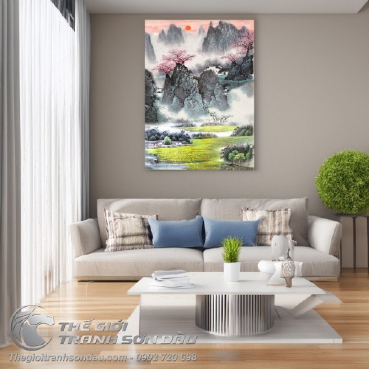 Tranh Sơn Dầu Thủy Mạc Xuân Về Vách Đá 80x120 Đẹp 