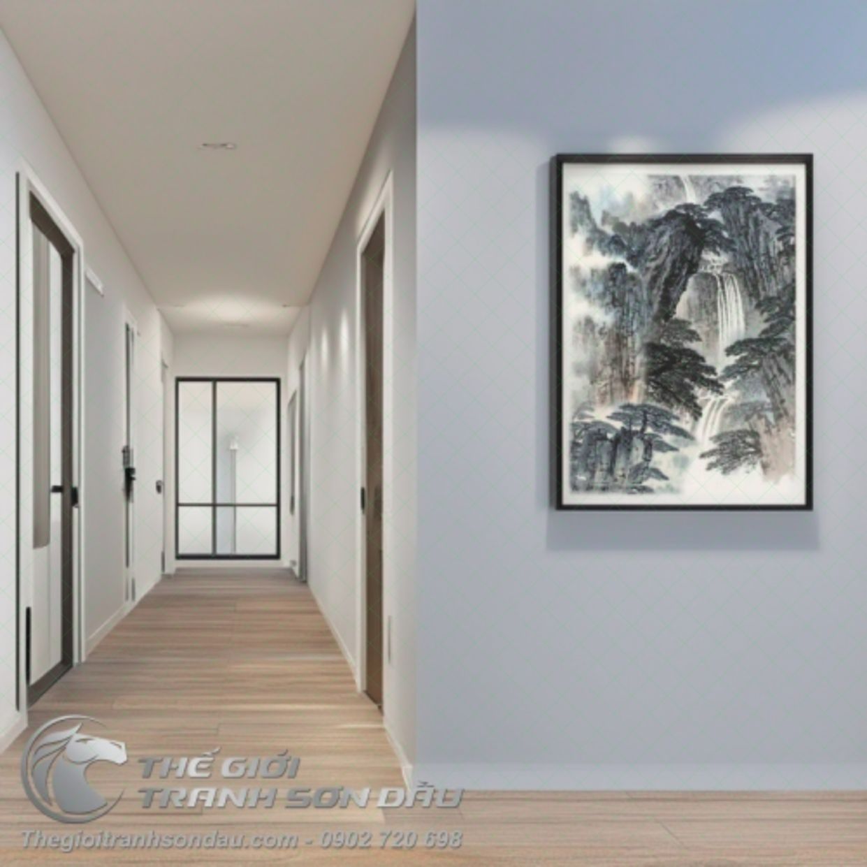 Tranh Thủy Mặc Thác Nước Núi Cao 60x90 Sơn Dầu Đa Sắc 