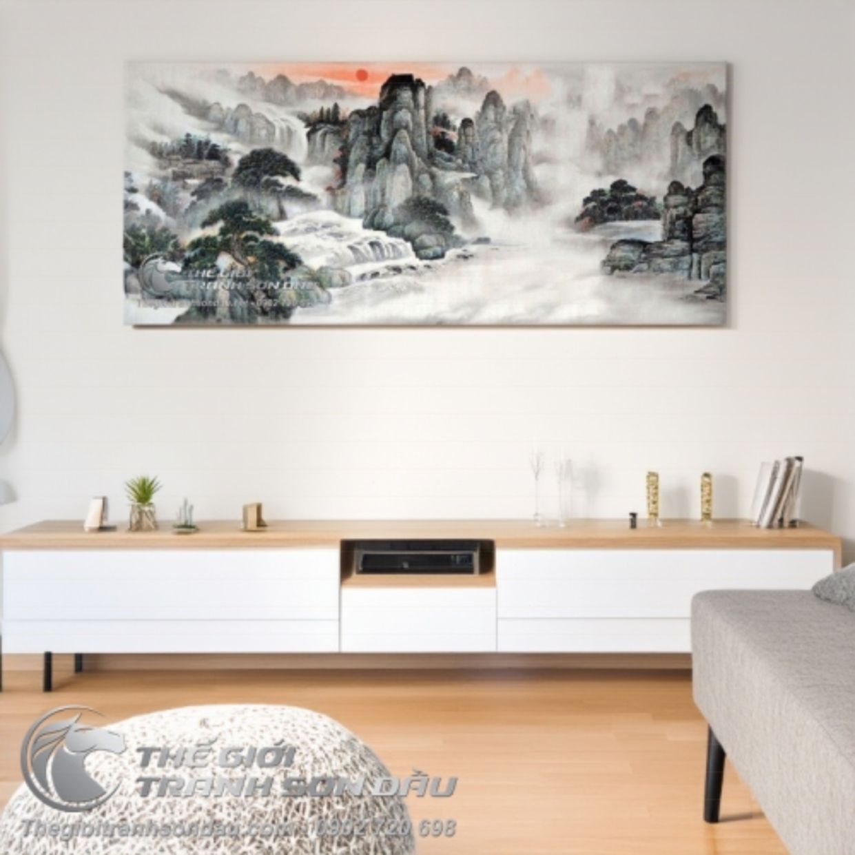 Tranh Sơn Dầu Thủy Mặc Núi Thác Sương Khói Sang Trọng 60x120 