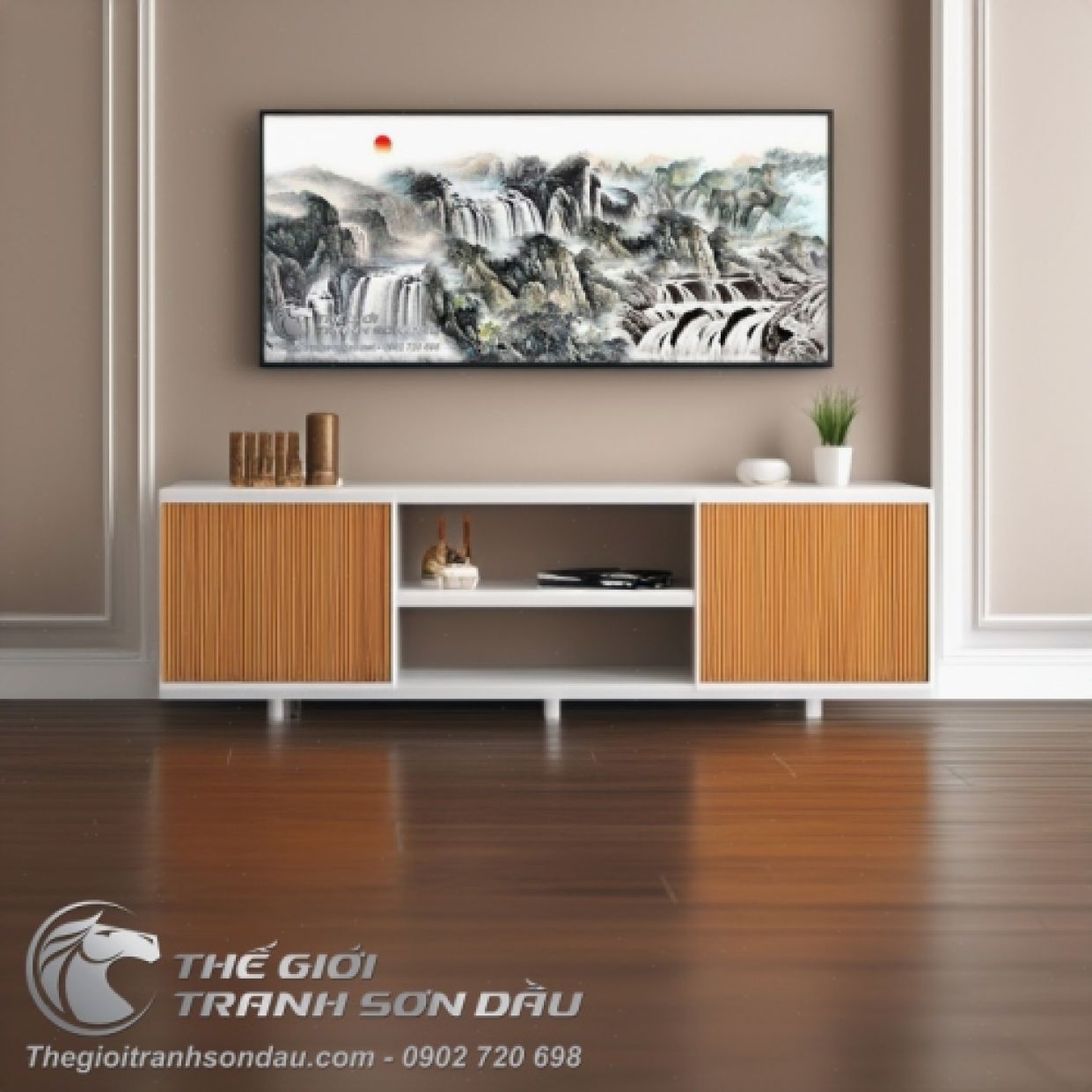 Tranh Thủy Mặc Thác Nước Hoang Sơ Sơn Dầu Đa Sắc 80x180cm 