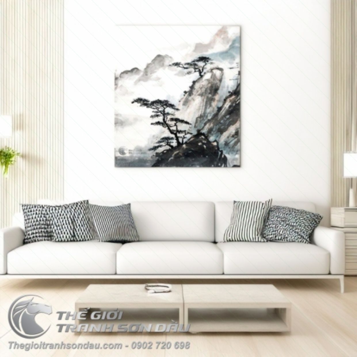 Tranh Sơn Dầu Thủy Mặc Cây Tùng Đỉnh Núi 80x80 Đa Sắc 