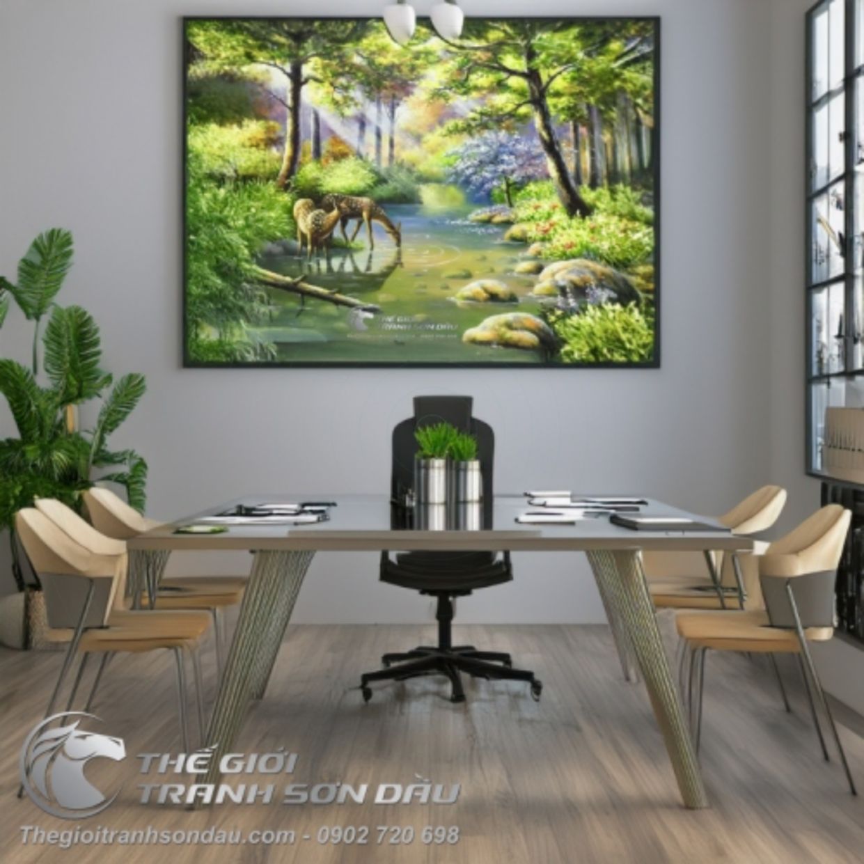 Tranh sơn dầu phong cảnh nai rừng 80x80cm đa sắc, tranh treo phòng 