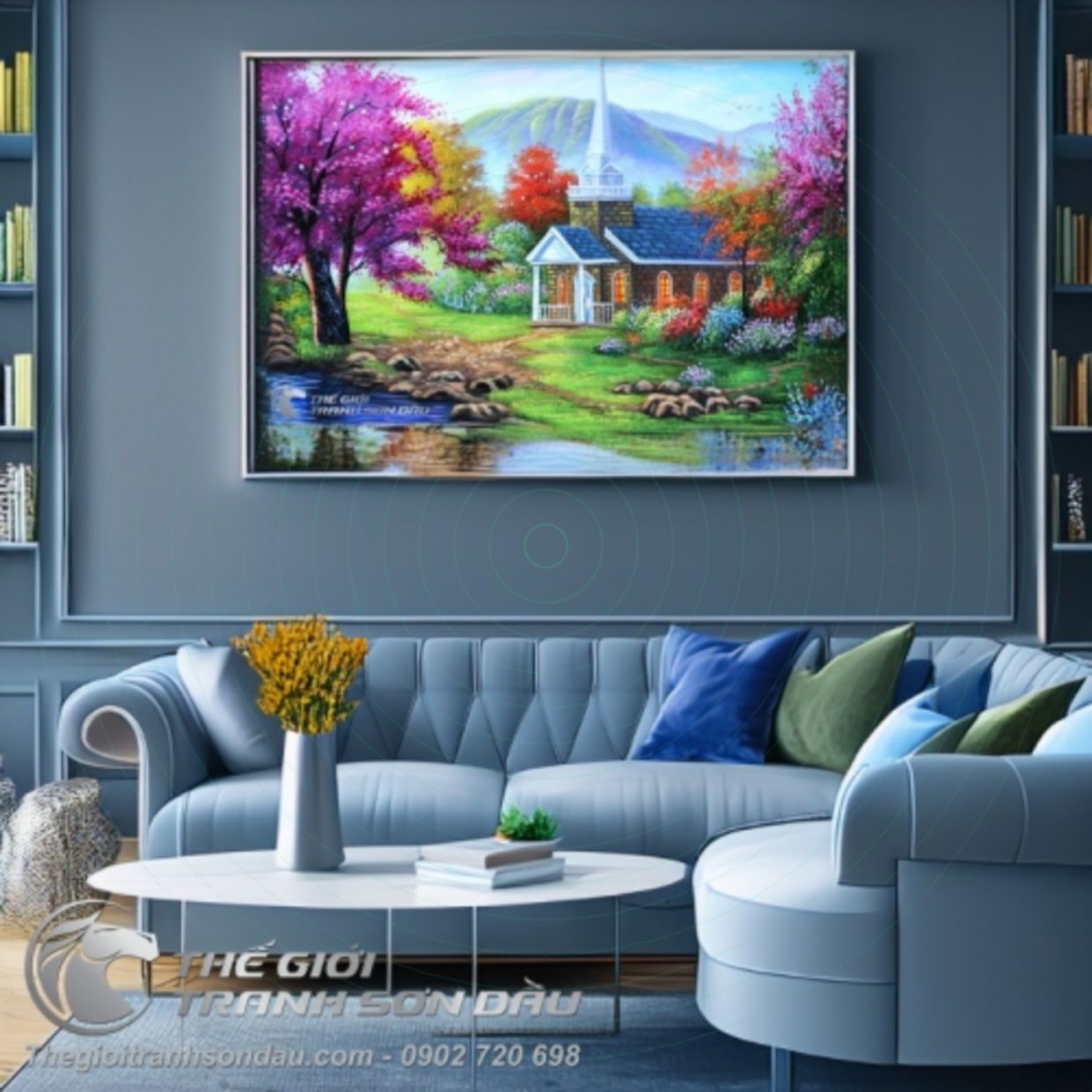 Tranh Sơn Dầu Ngôi Nhà Thơ Mộng Đa Sắc 60x90 Khung 7cm 