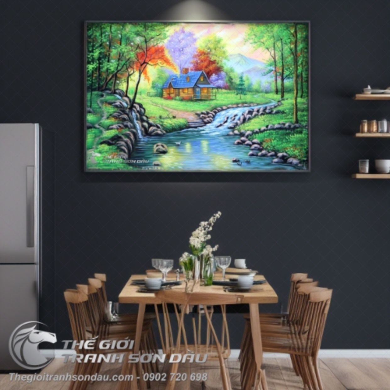 Tranh Phong Cảnh Ngôi Nhà Bên Dòng Suối Sơn Dầu 60x90cm Đa Màu 