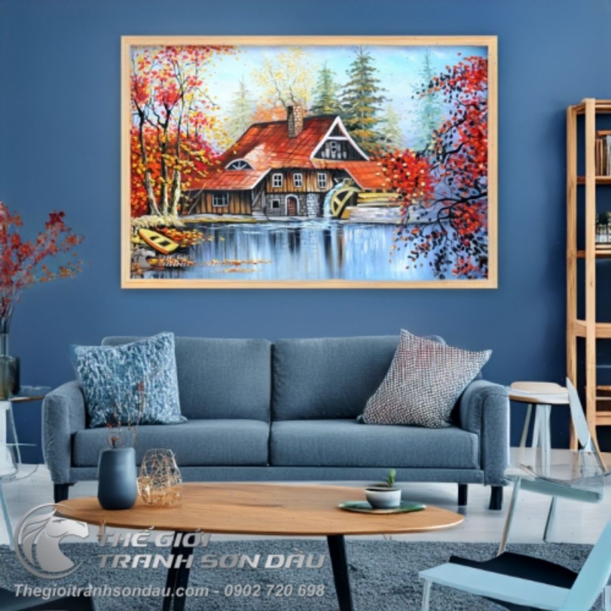 Tranh Sơn Dầu Ngôi Nhà Rừng Lá Đỏ Phong Cảnh Đẹp 60x90cm 