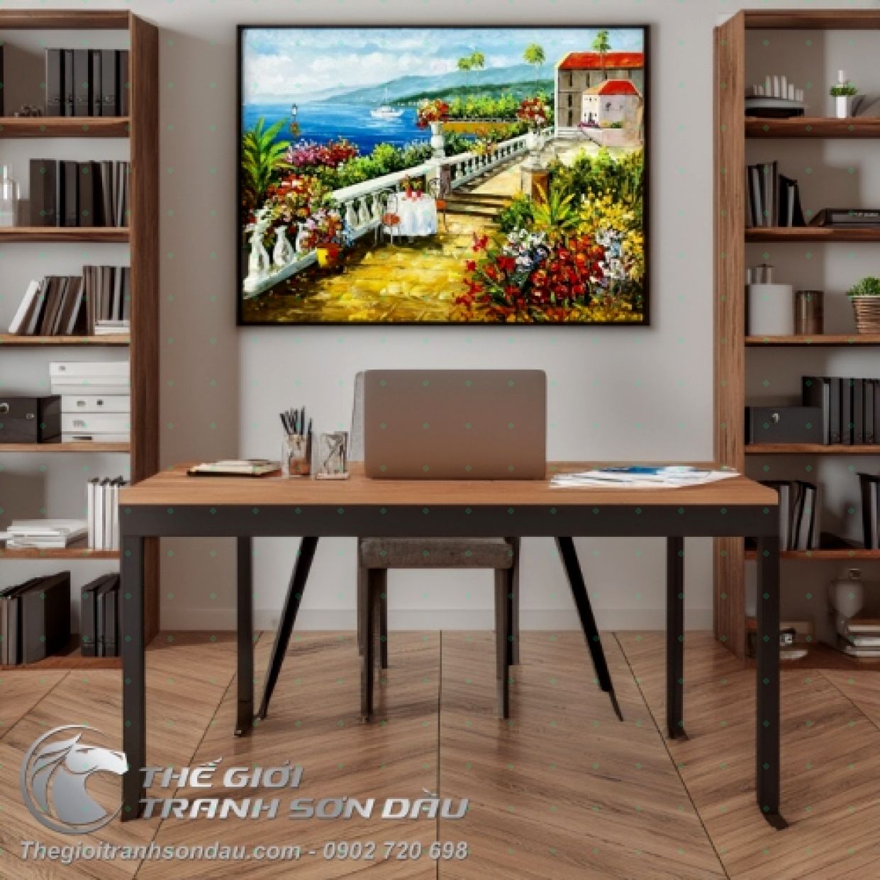 Tranh Sơn Dầu Quán Cafe Địa Trung Hải 60x80 Đa Sắc Đẹp 