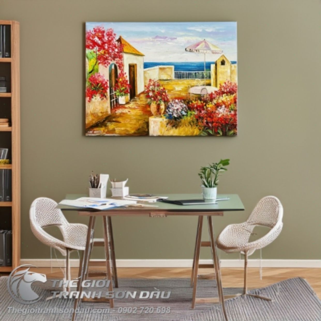 Tranh Sơn Dầu Góc Phố Bên Bờ Biển 60x80 Đa Sắc Sang Trọng 