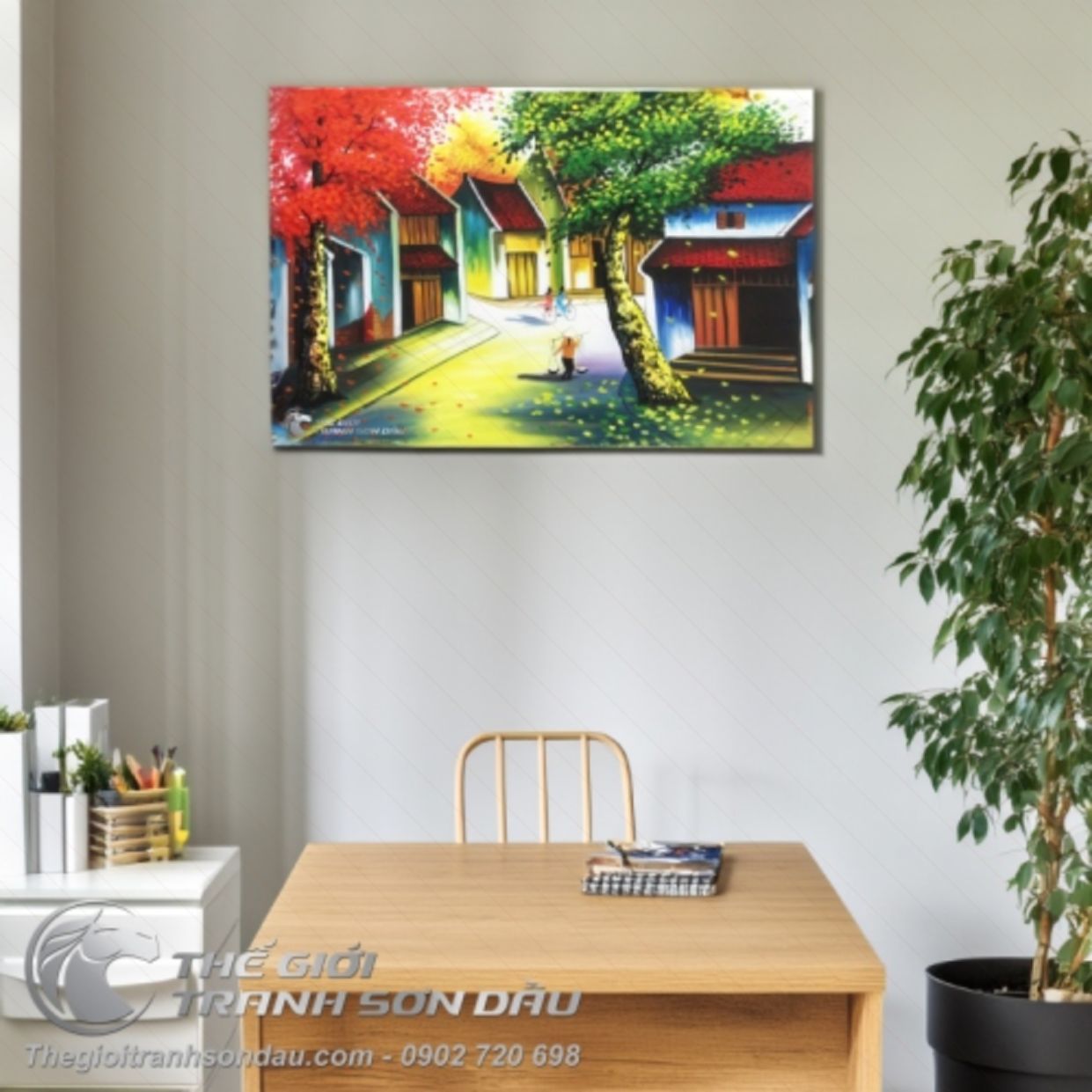 Tranh Sơn Dầu Phố Cổ Việt Nam 60x90 Khung 4,5cm Đa Sắc Sang Trọng 