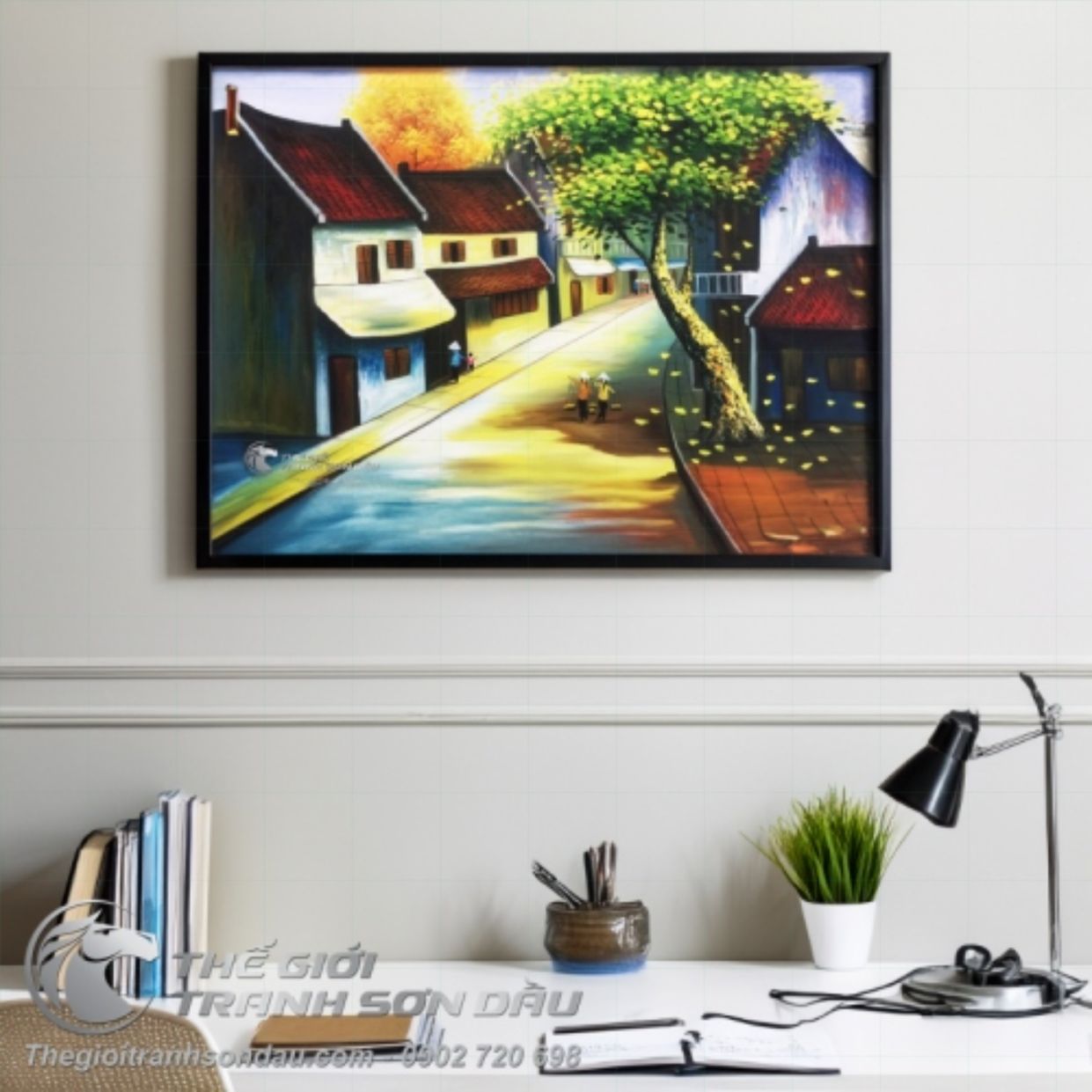 Tranh Sơn Dầu Phố Cổ Việt Nam Lá Rụng 60x90 Khung Đẹp 