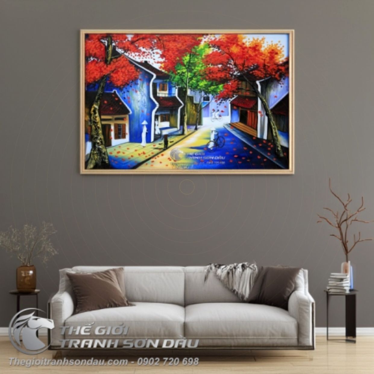 Tranh Sơn Dầu Phố Cổ Học Sinh Áo Dài Trắng Sắc Nét 60x90 
