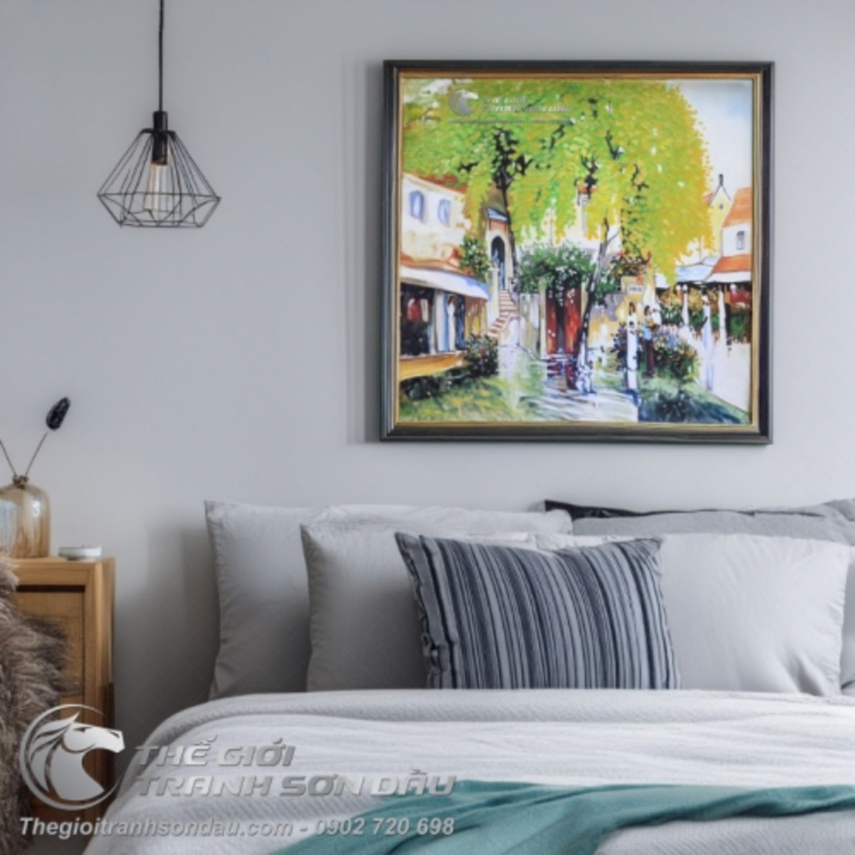 Tranh nữ sinh áo dài phố cổ ôm cặp độc đáo trang trí phòng 