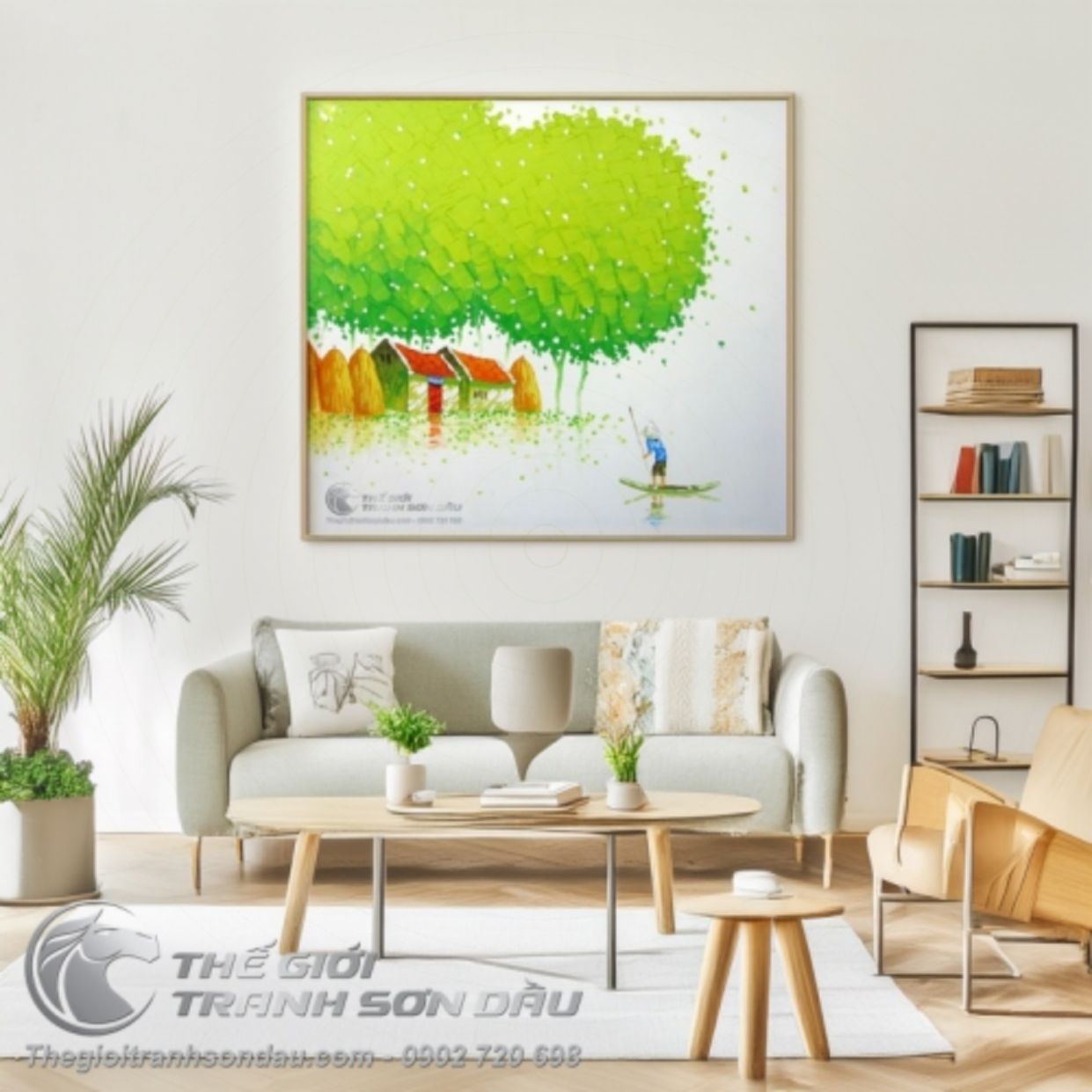 Tranh Cô Lái Đò Kích Thước 50x50cm Sơn Dầu Màu Sắc Tươi Sáng 