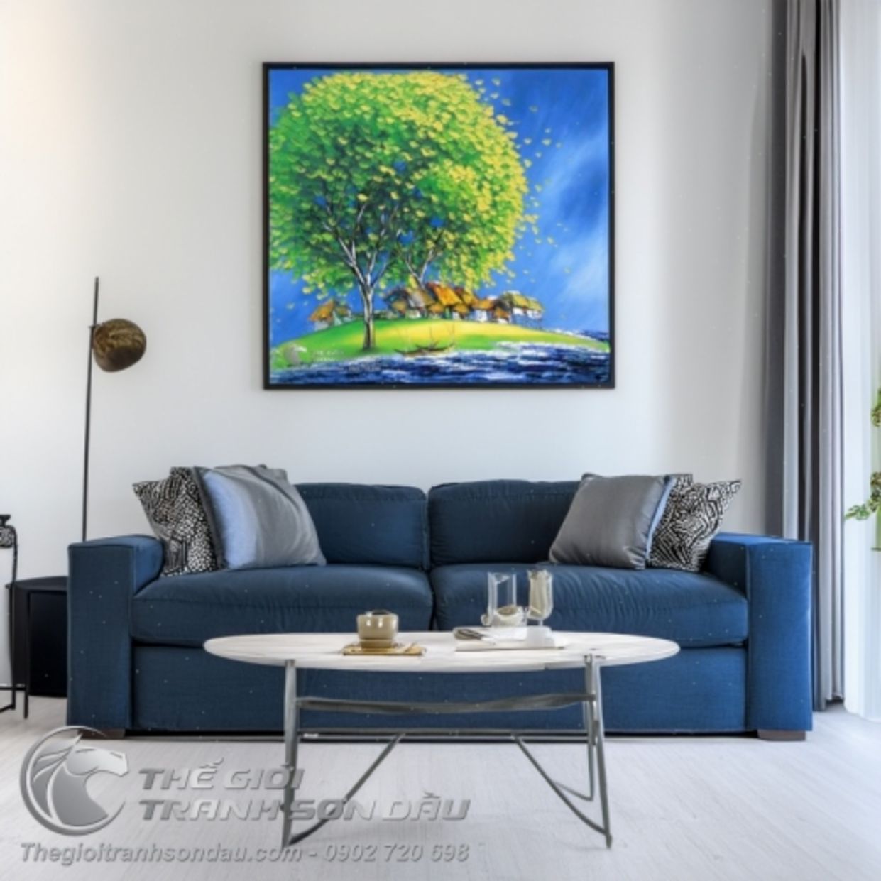 Tranh Sơn Dầu Cây Xanh Lá Thưa Bầu Trời Xanh Trang Trí Nhà 