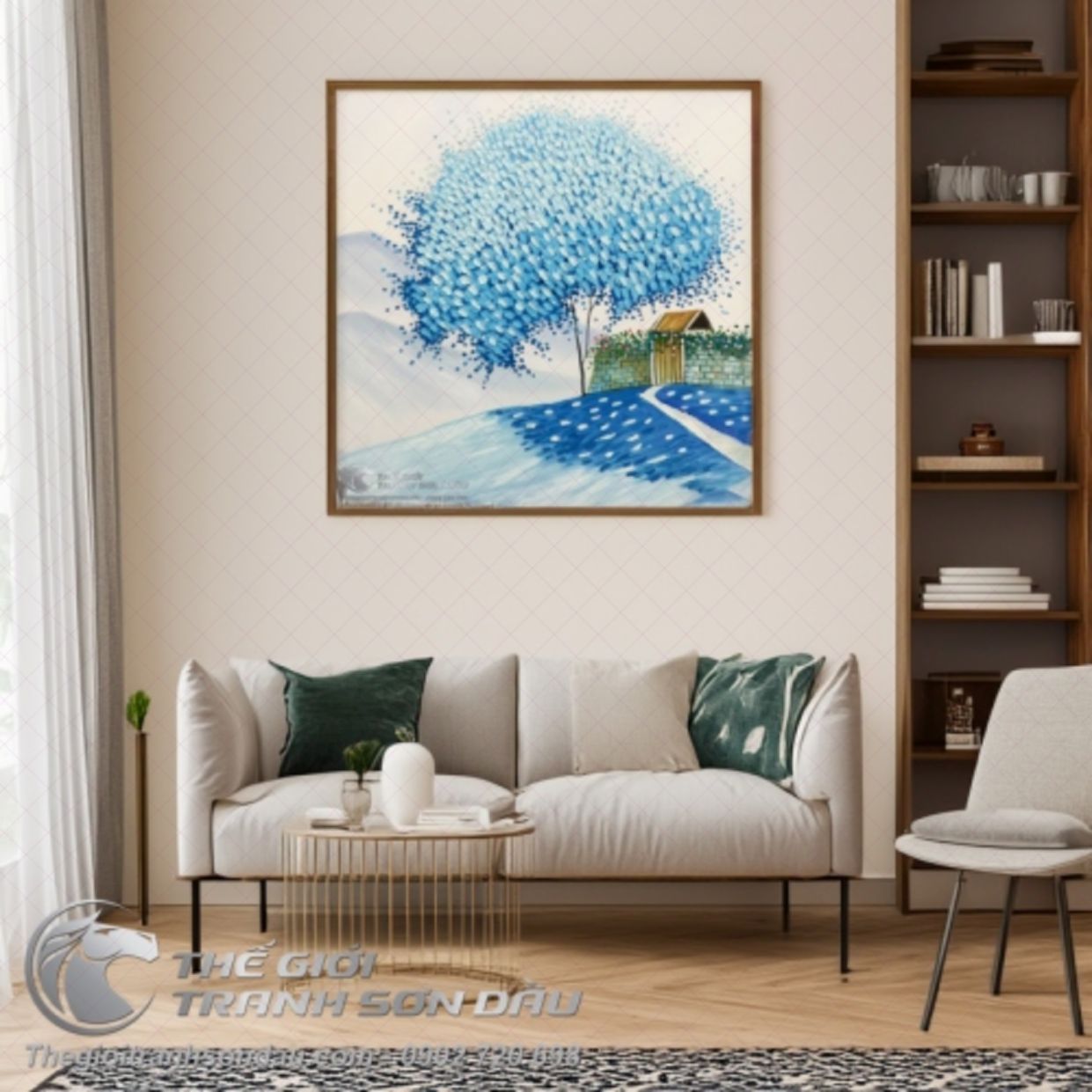 Tranh phố hoa xanh dương sắc nét, sơn dầu 60x60cm đẹp 