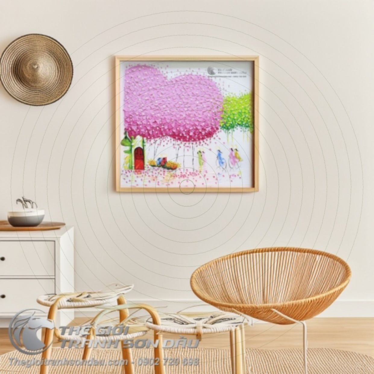 Tranh Sơn Dầu Phố Trát Bay Hồng Đẹp Kích Thước 50x50cm 