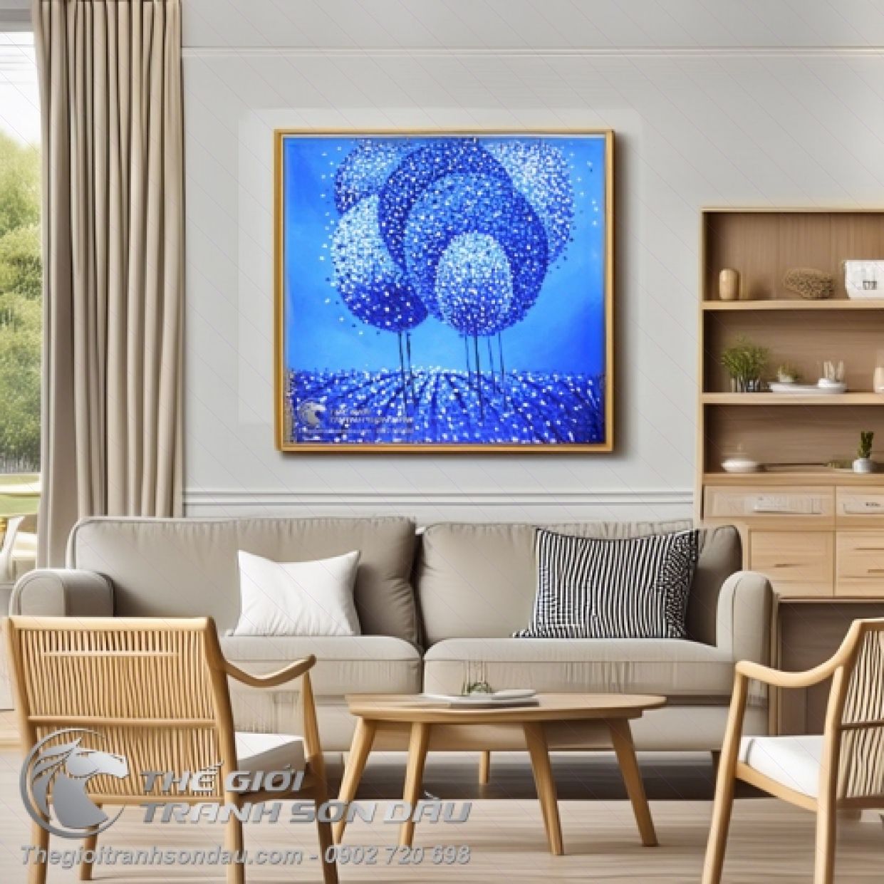 Tranh Sơn Dầu Phố Xanh Dương Hiện Đại Sang Trọng Kích Thước 60x60cm 