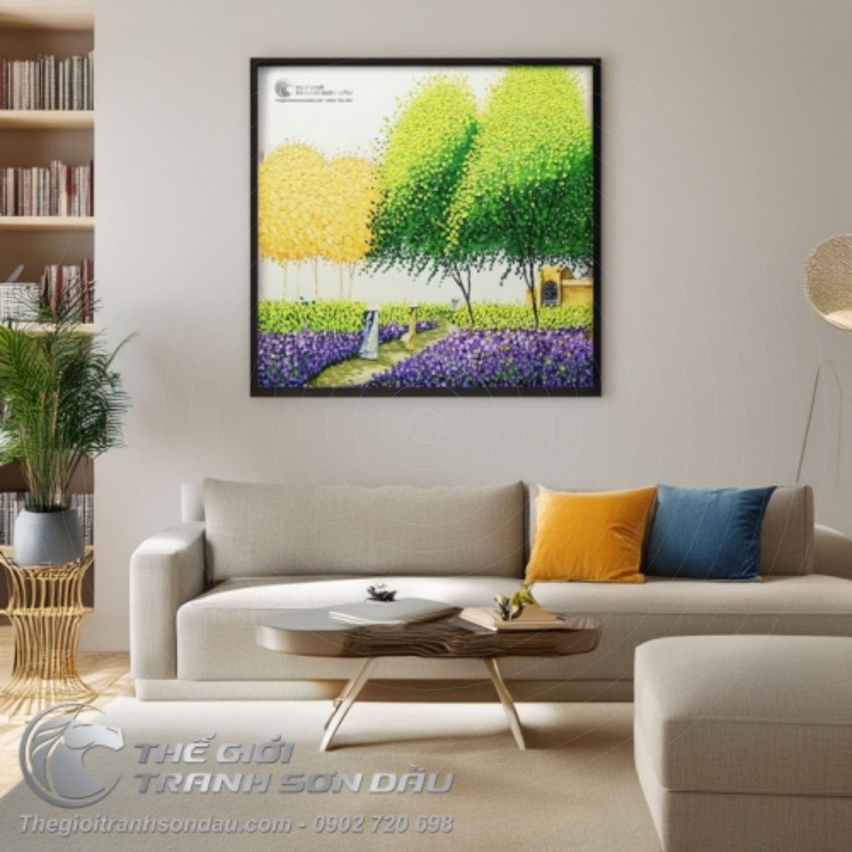 Tranh Sơn Dầu Hiện Đại Phong Cảnh Cây Xanh 60x60cm Đa Sắc 