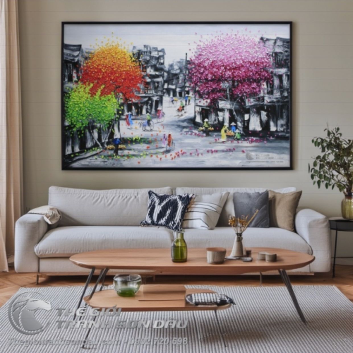 Tranh phố cổ trắng đen kết hợp cây trát bay sắc màu rực rỡ 100x160cm 