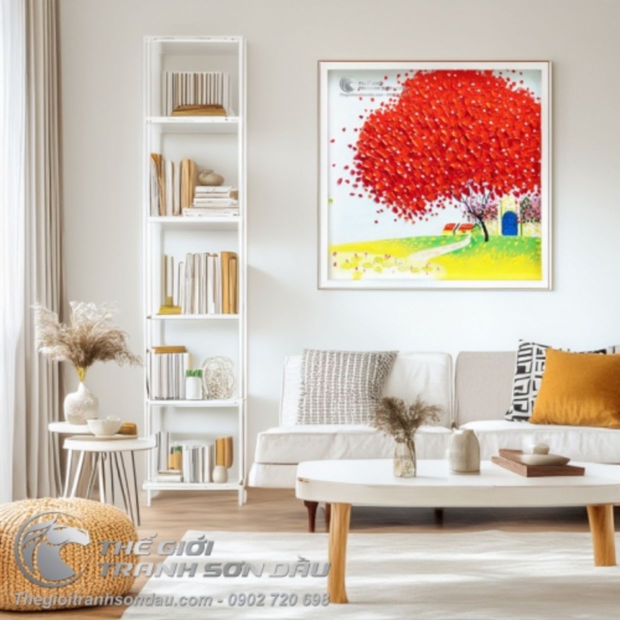 Tranh Sơn Dầu Phố Cây Đỏ Sang Trọng Trang Trí Nhà Đẹp 