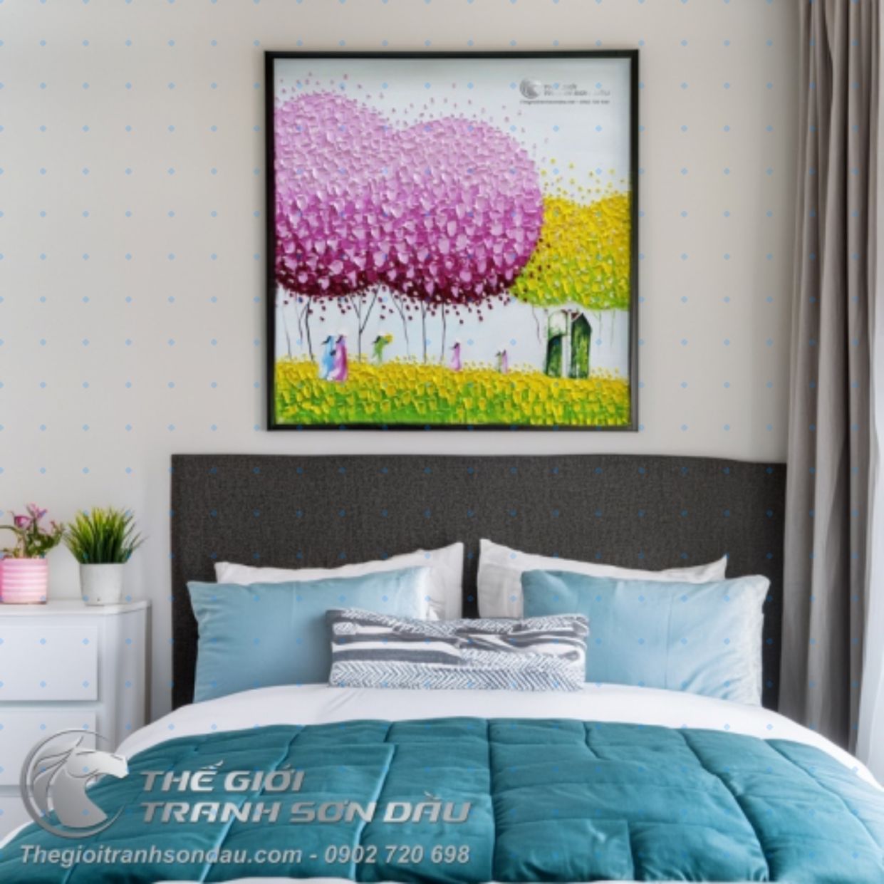 Tranh Sơn Dầu Phố Cây Màu Hồng 60x60cm Màu Sắc Sống Động 