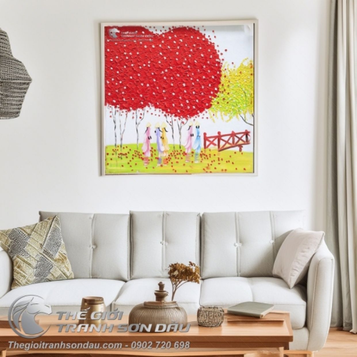 Tranh Sơn Dầu Cây Đỏ Phong Cảnh Việt Nam 50x50cm Màu Sắc Nổi Bật 