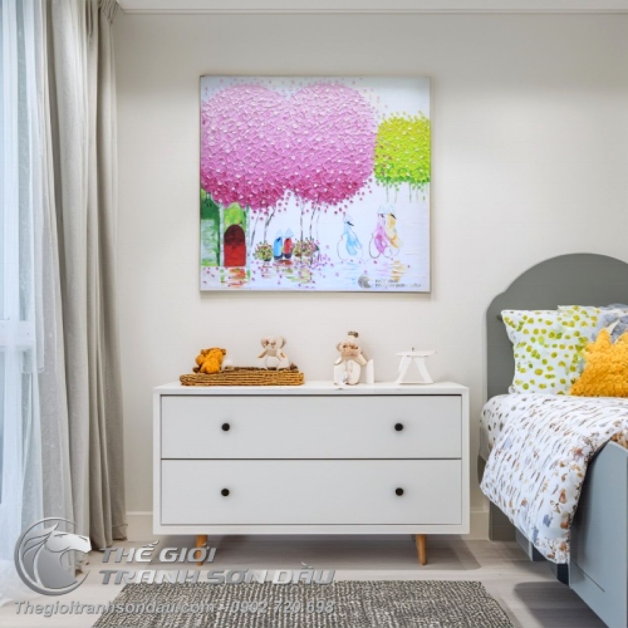 Tranh Sơn Dầu Cây Lá Hồng Đẹp Trang Trí Phòng Khách 50x50cm 