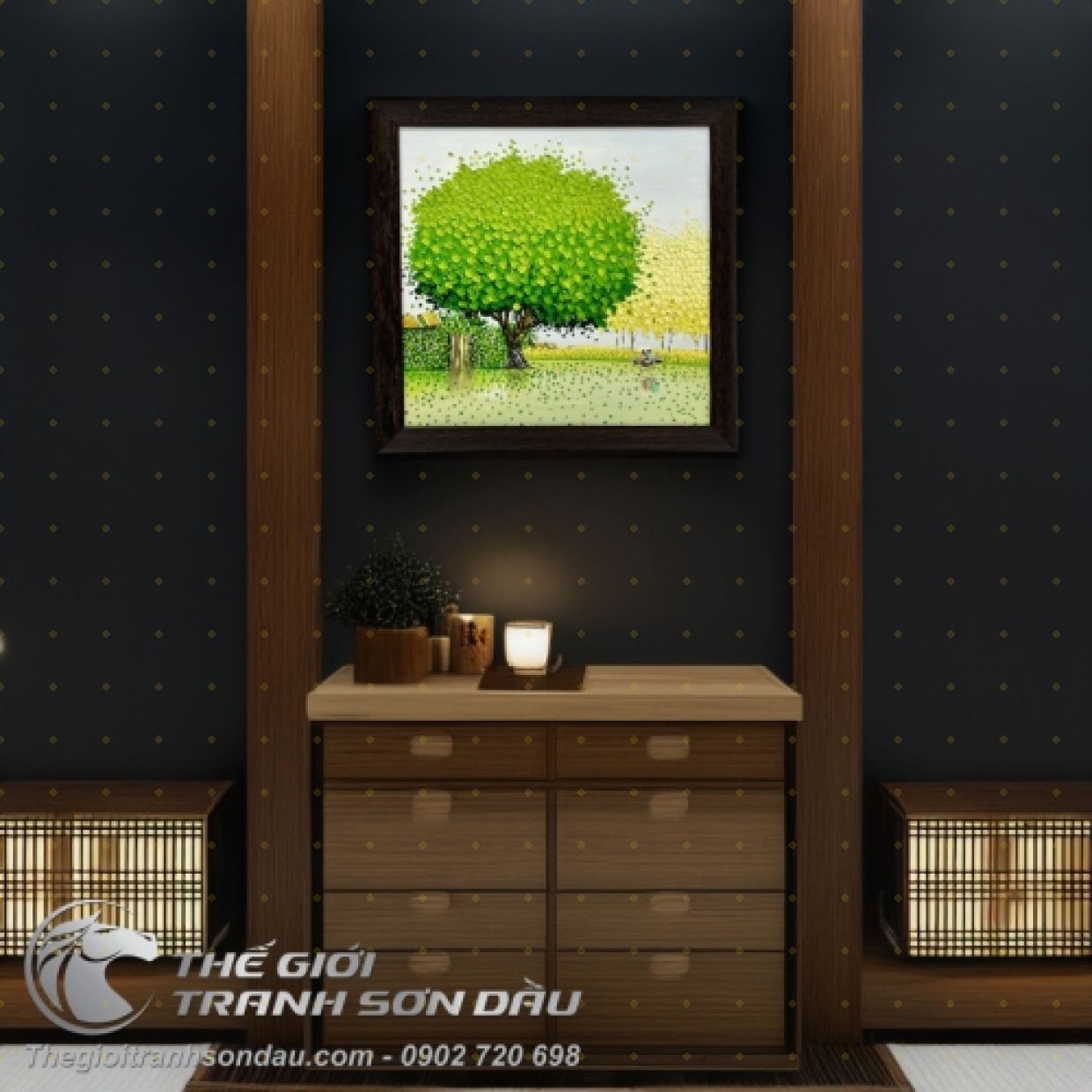 Tranh Phong Cảnh Hiện Đại Phố Hoa Cây Xanh Lá đẹp độc đáo 60x60 