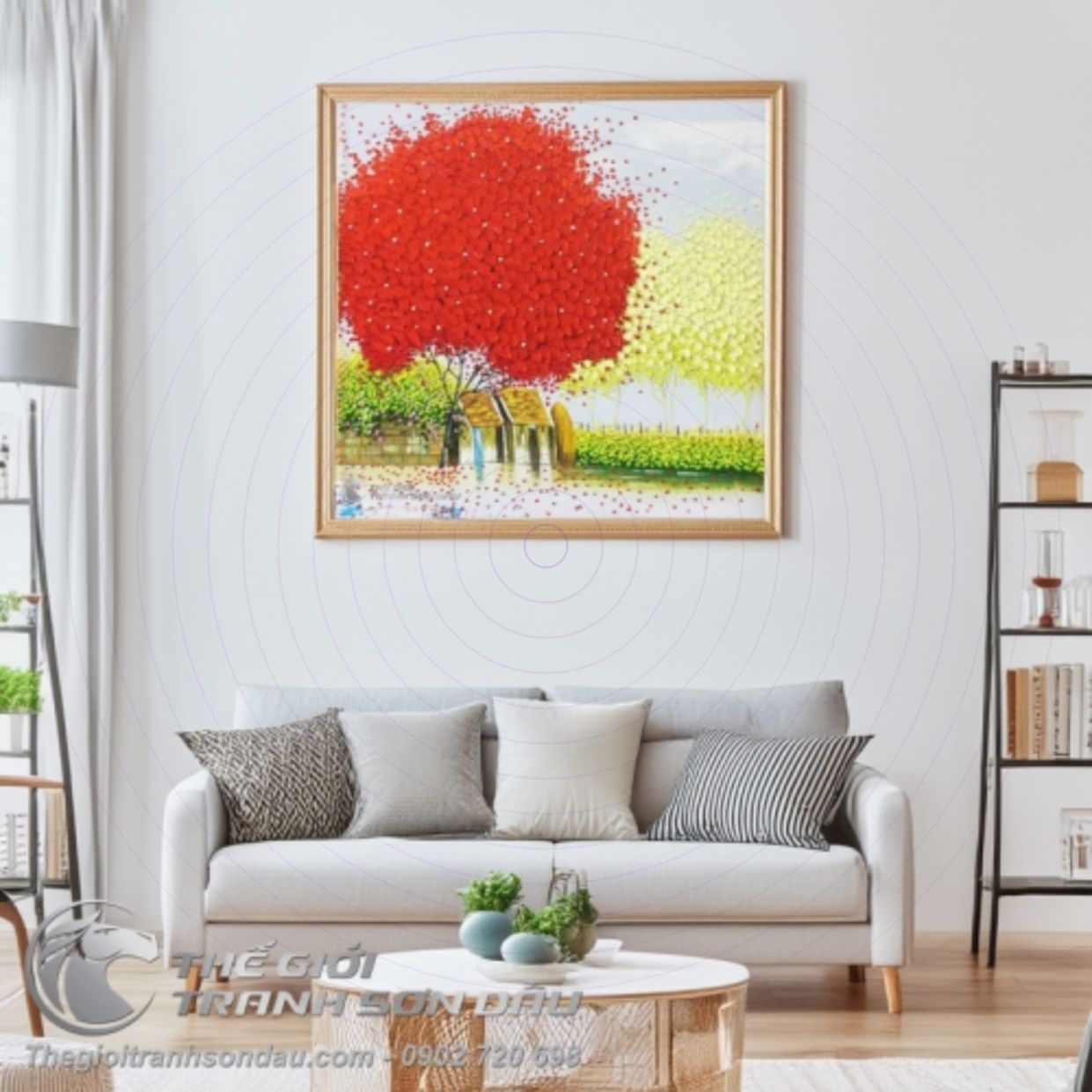 Tranh Hiện Đại Phố Hoa Cây Đỏ Sơn Dầu Sang Trọng Tươi Mới 