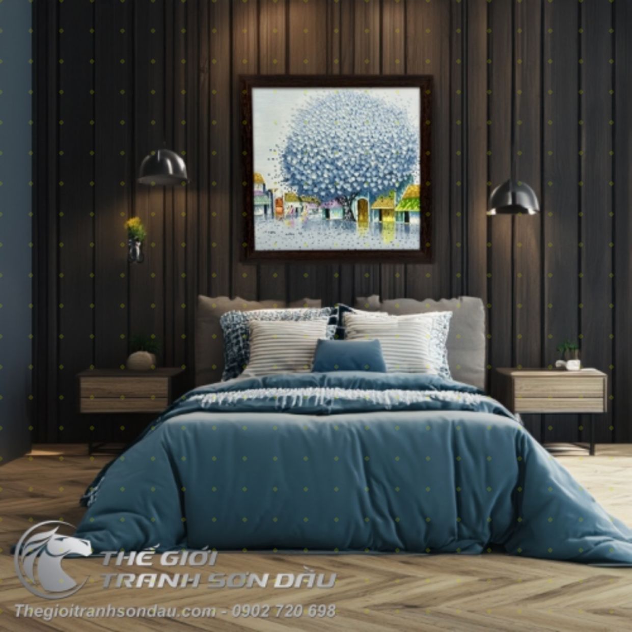 Tranh Phố Hoa Tím 60x60 Hiện Đại Khung Sơn Dầu Sang Trọng 