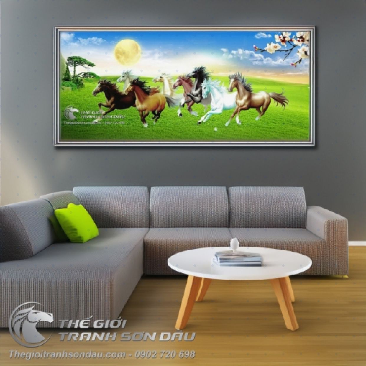 Tranh Bát Mã Phi Nước Đại Đồng Cỏ Xanh Trang Trí Sang Trọng 
