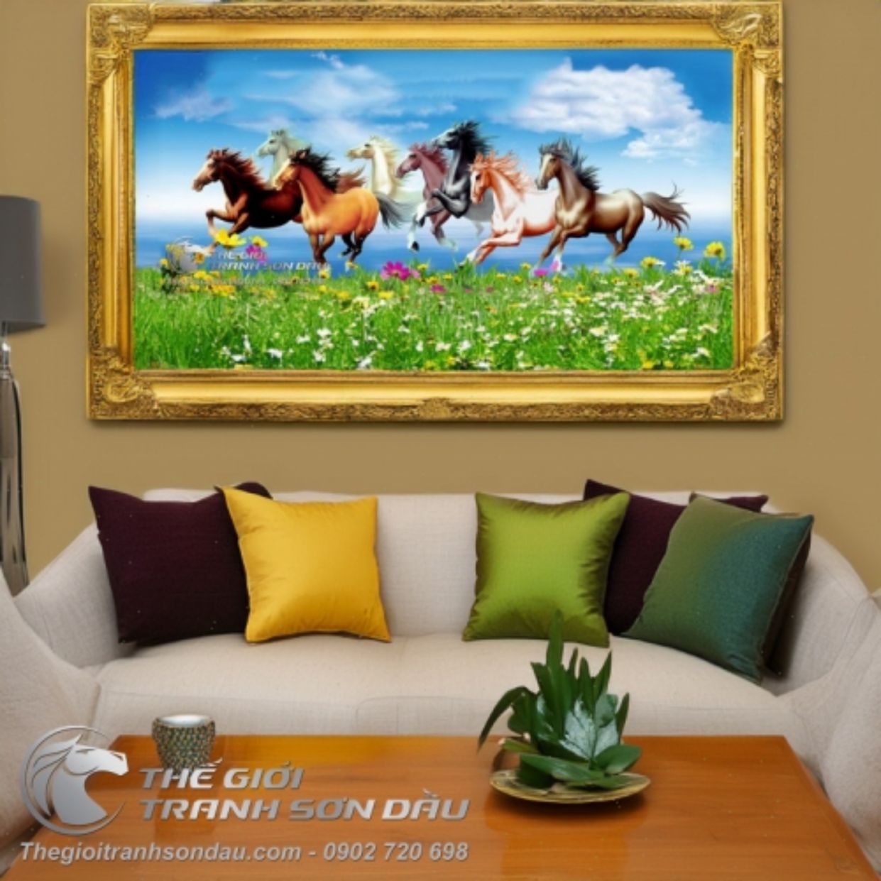 Tranh Bát Mã Phong Thủy Đồng Cỏ Xanh Sơn Dầu Đa Sắc 80x160 