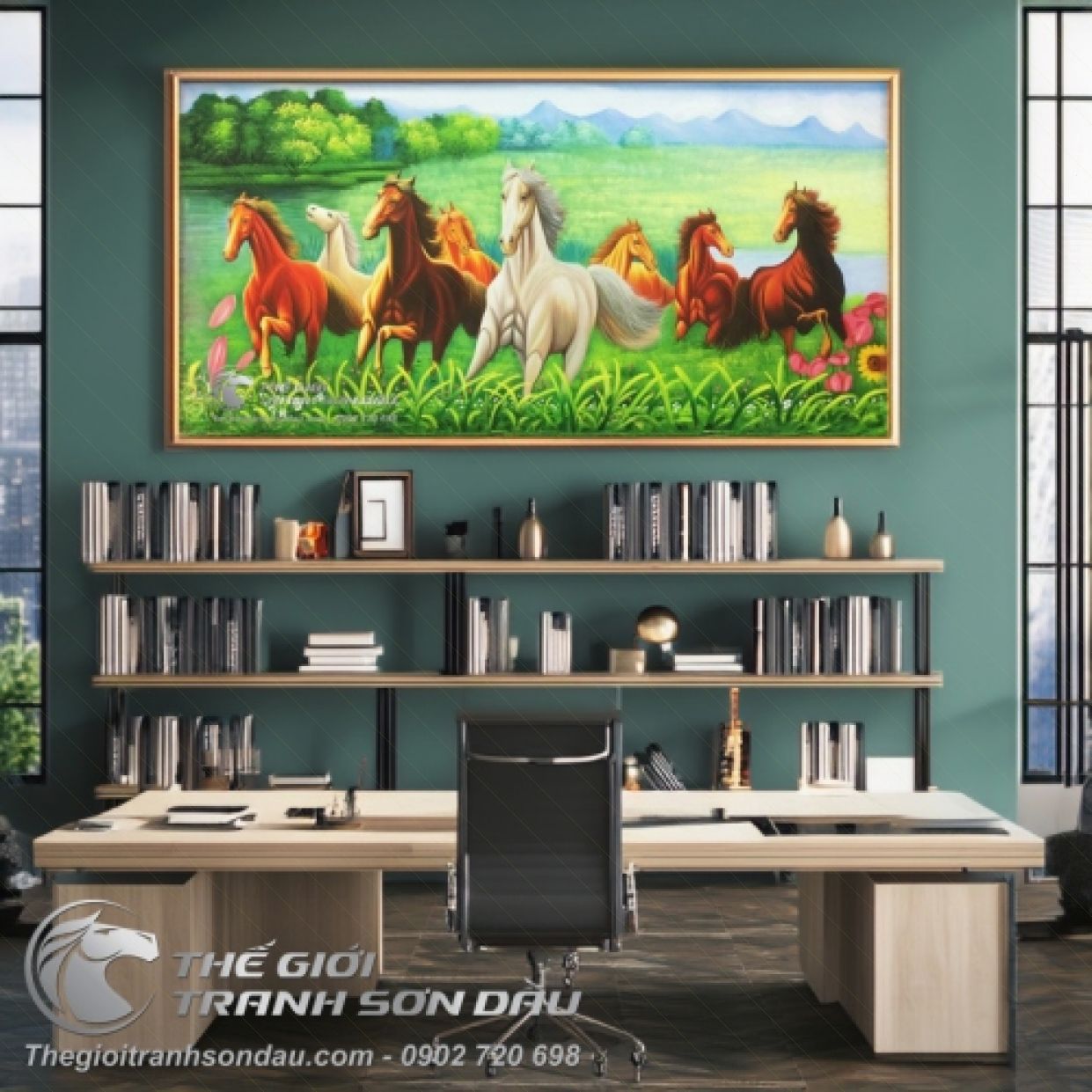 Tranh Treo Tường Bát Mã Du Xuân 80x160 60x120 100x200 Sơn Dầu Đa Sắc 