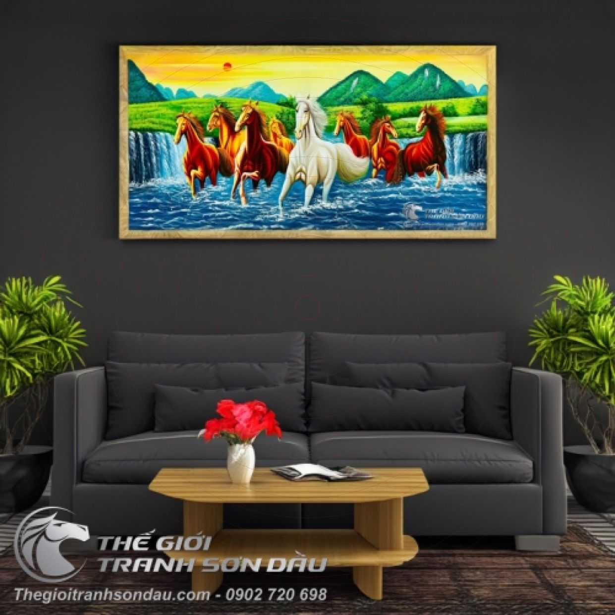 Tranh Bát Mã Bình Sơn Đạp Thủy Sơn Dầu Đa Sắc 60x120cm 