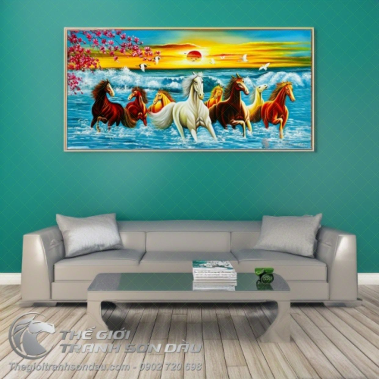 Tranh Bát Mã Đón Xuân Sơn Dầu 60x120 Khung 6cm Đẹp 
