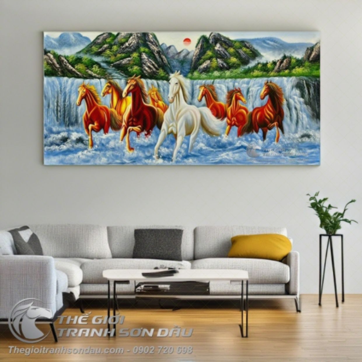 Tranh Sơn Dầu Bát Mã Vượt Thác 60x120 Khung Đẹp Chất Lượng 