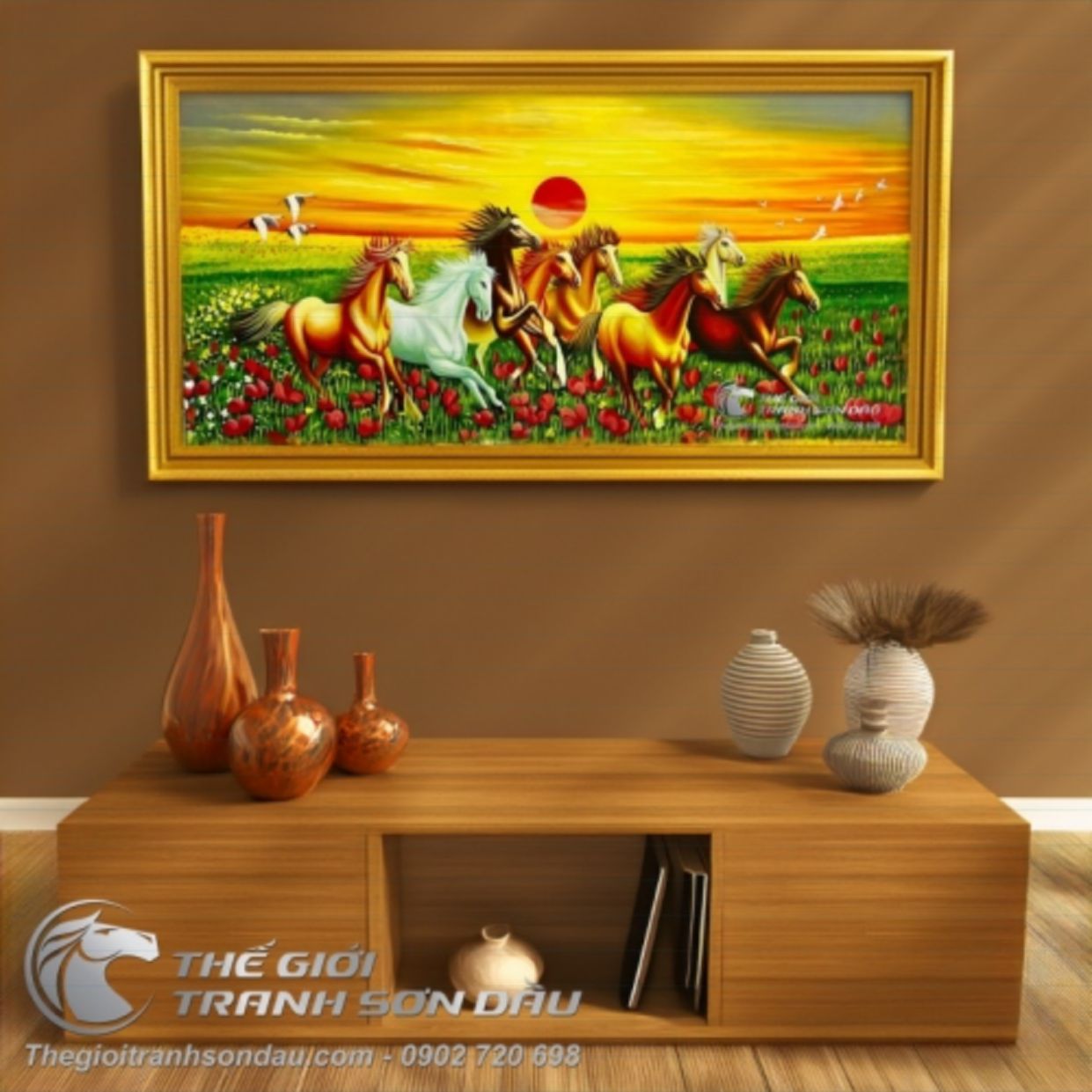 Tranh Sơn Dầu Ngựa Mã Đáo Bình Minh 60x120 Thảo Nguyên Đẹp 