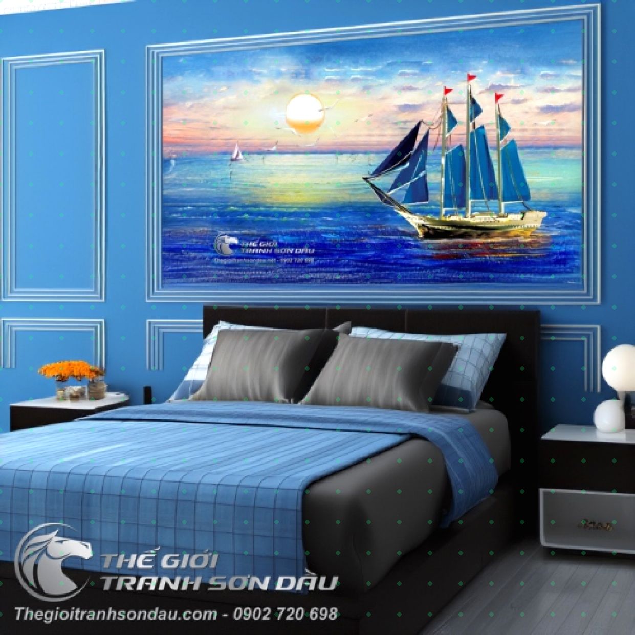 Tranh Thuyền Buồm Hải Âu Sơn Dầu Đa Sắc Kích Thước Lớn 