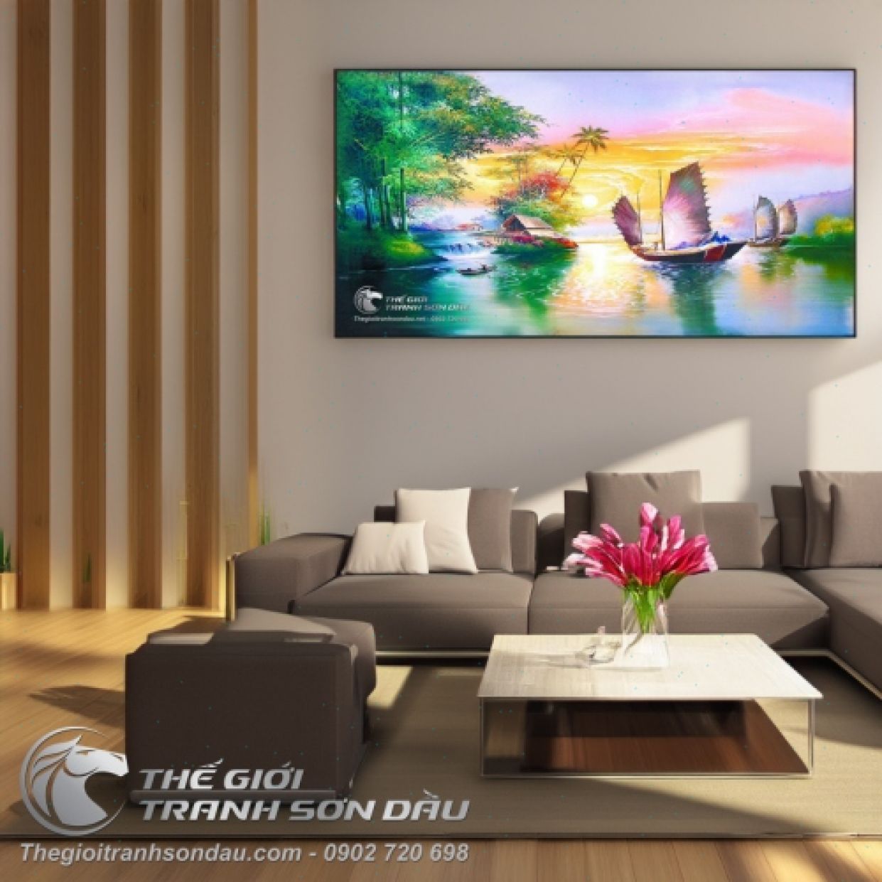 Tranh Sơn Dầu Thuyền Buồm Trên Hồ Xanh 80x150cm Phong Cảnh Sinh Động 