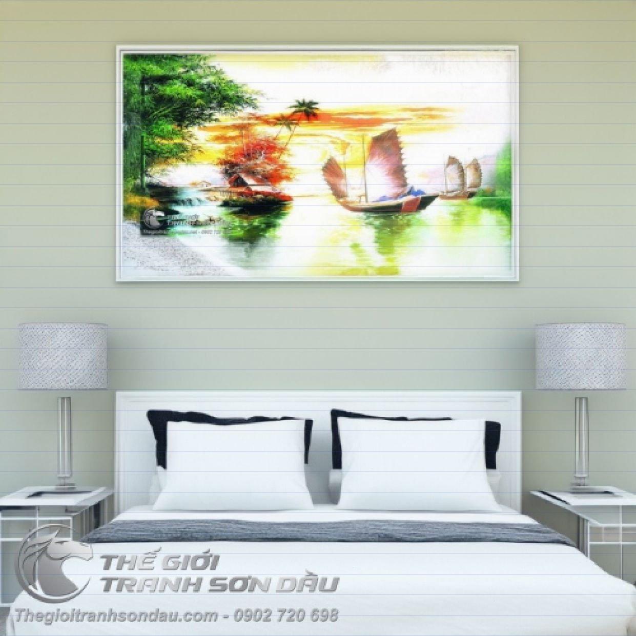 Tranh Thuyền Buồm Bụi Tre Sơn Dầu Đa Sắc Sang Trọng Giá Tốt 