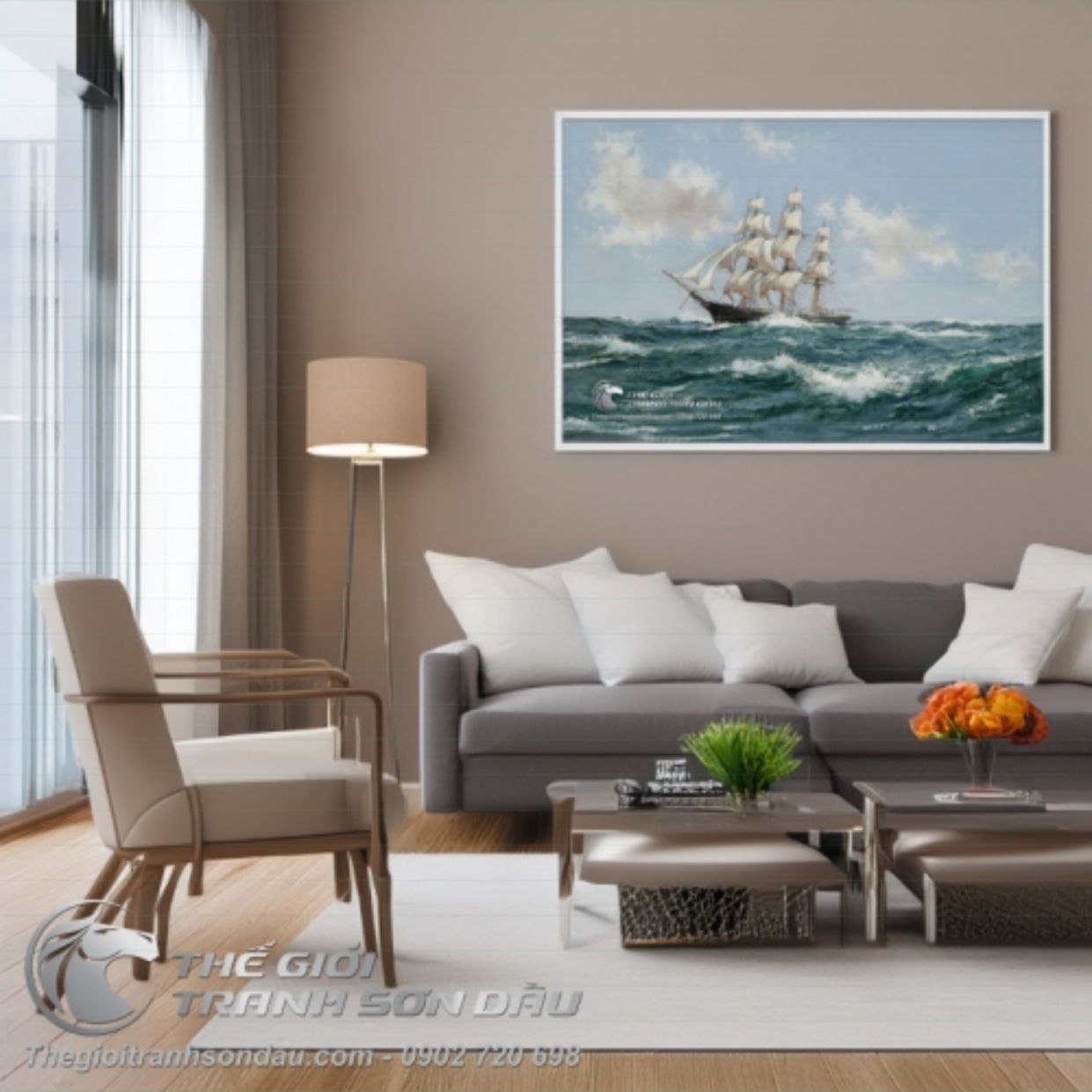 Tranh Sơn Dầu Biển Rộng Thuyền Buồm Đa Sắc Trang Trí 60x90 